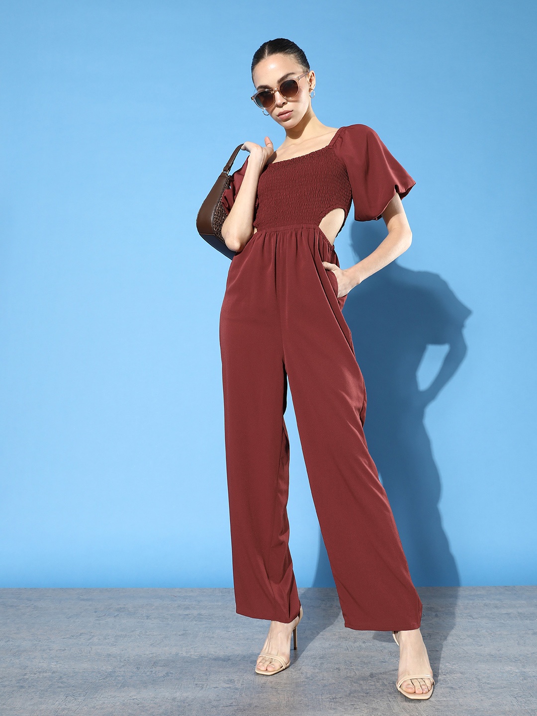 

Mast & Harbour Solid Smocked Cut-Out Detail Basic Jumpsuit, Maroon