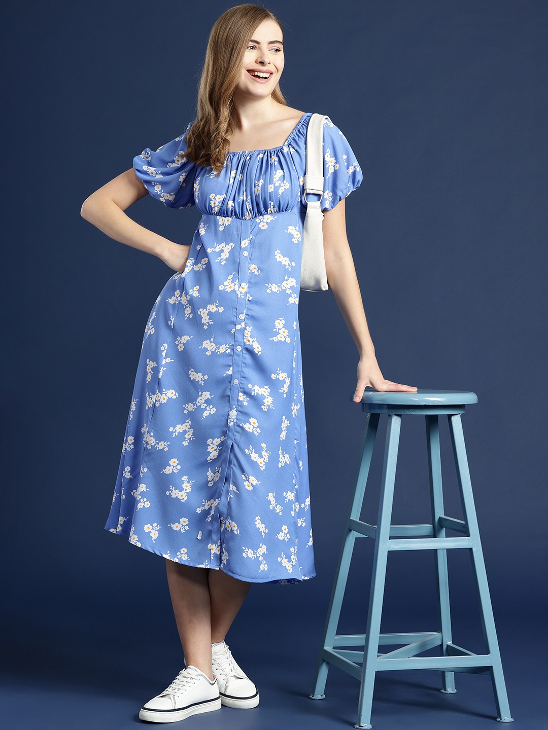 

Mast & Harbour Floral Print Puff Sleeve A-Line Midi Dress, Blue