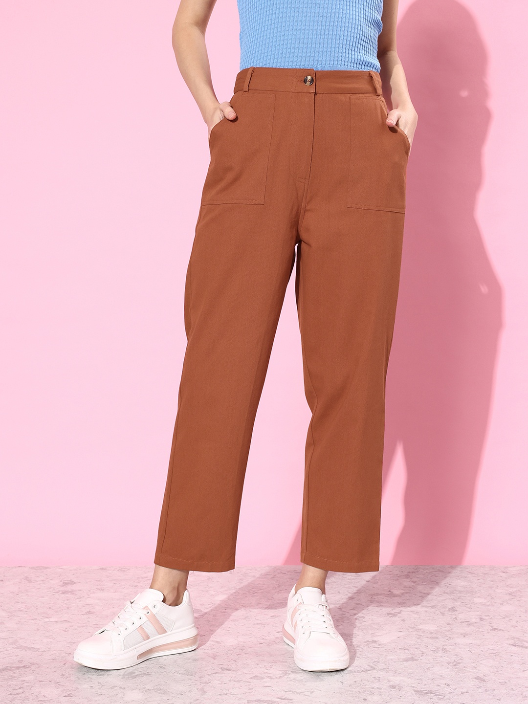 

Mast & Harbour Women Solid Pure Cotton Regular Trousers, Rust