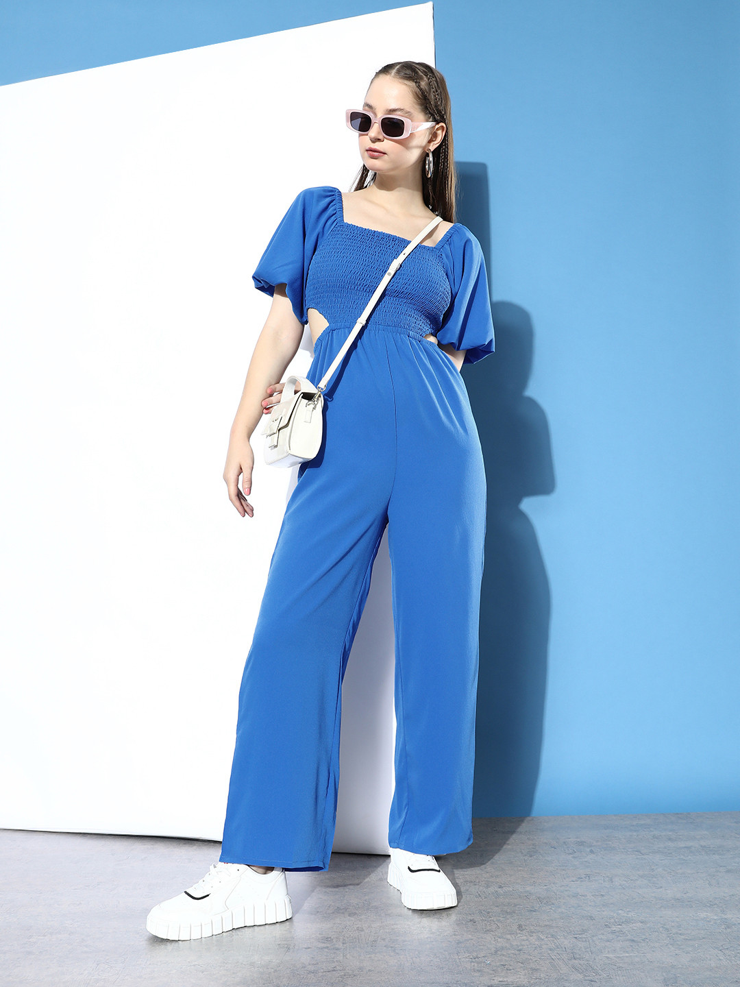

Mast & Harbour Solid Smocked Cut-Out Detail Basic Jumpsuit, Blue