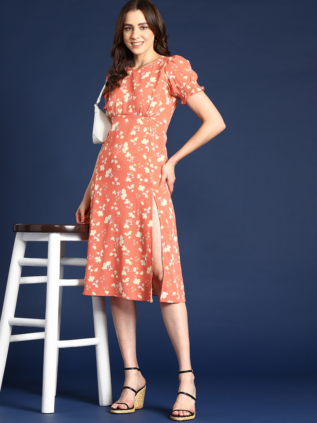 

Mast & Harbour Floral Print Slit A-Line Dress, Peach