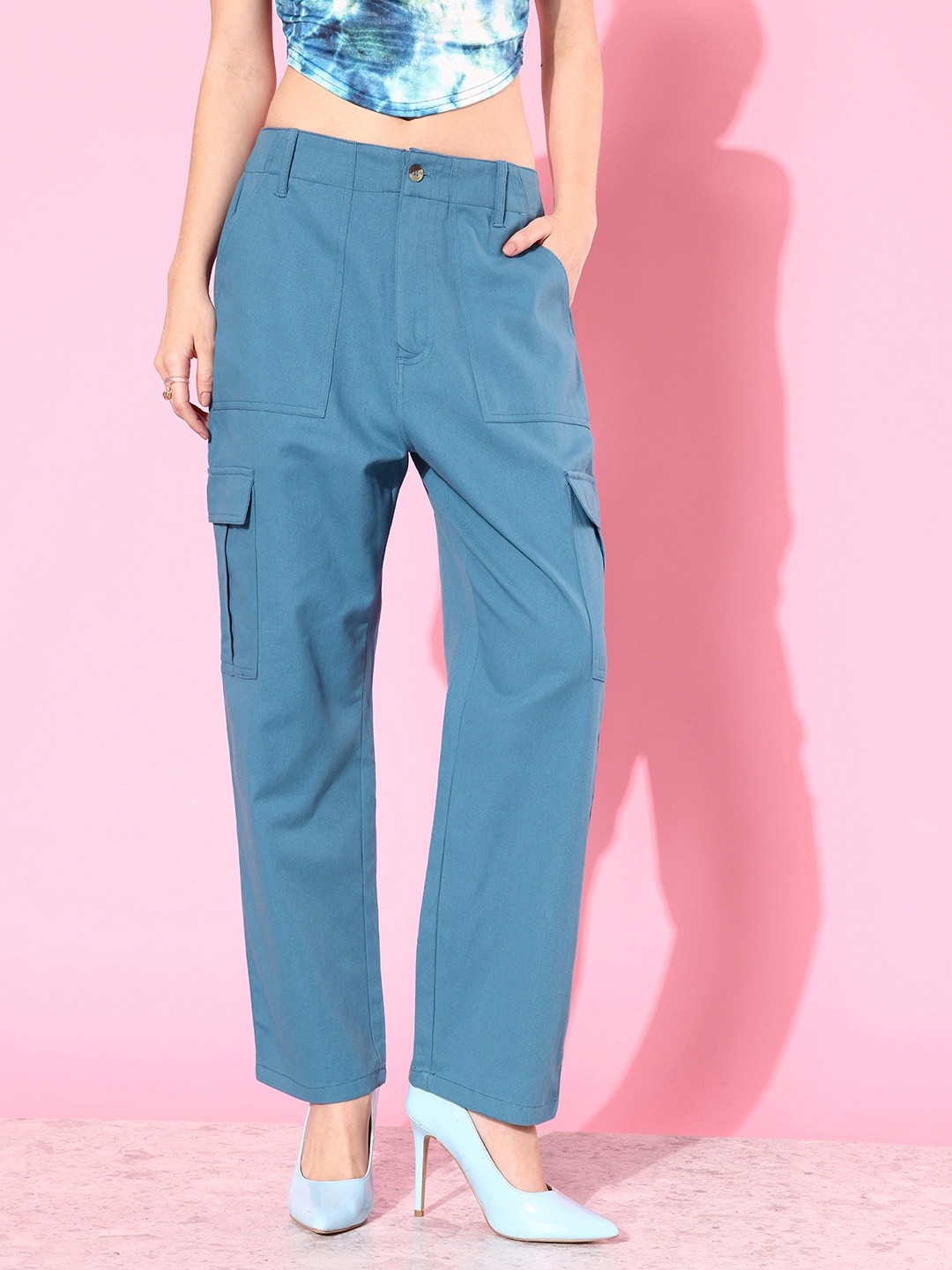 

Mast & Harbour Women Pure Cotton Cargos Trousers, Blue