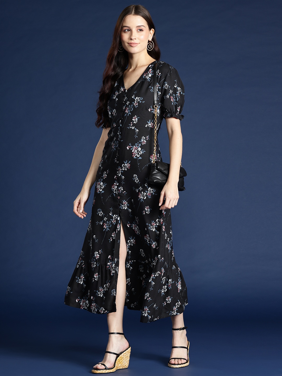 

Mast & Harbour Floral Print Puff Sleeves A-Line Midi Dress, Black