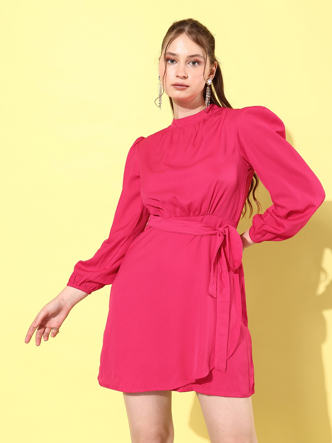 

Mast & Harbour Solid Puff Sleeve Fit & Flare Belted Dress, Coral