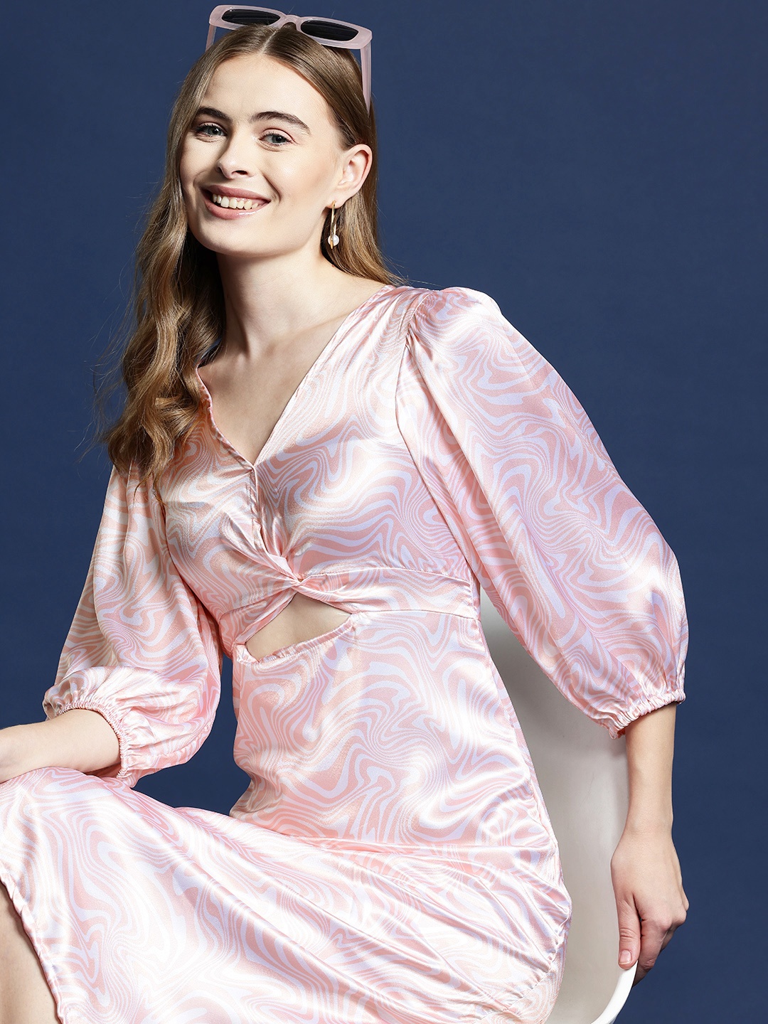 

Mast & Harbour Abstract Print Satin A-Line Midi Dress, Pink