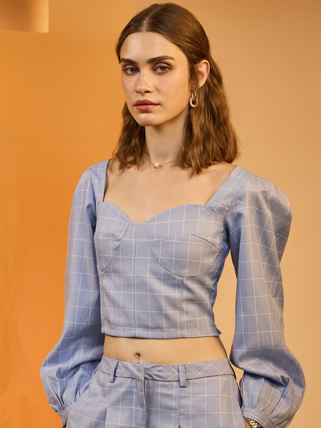 

Mast & Harbour Checked Crop Top With Trouser, Blue