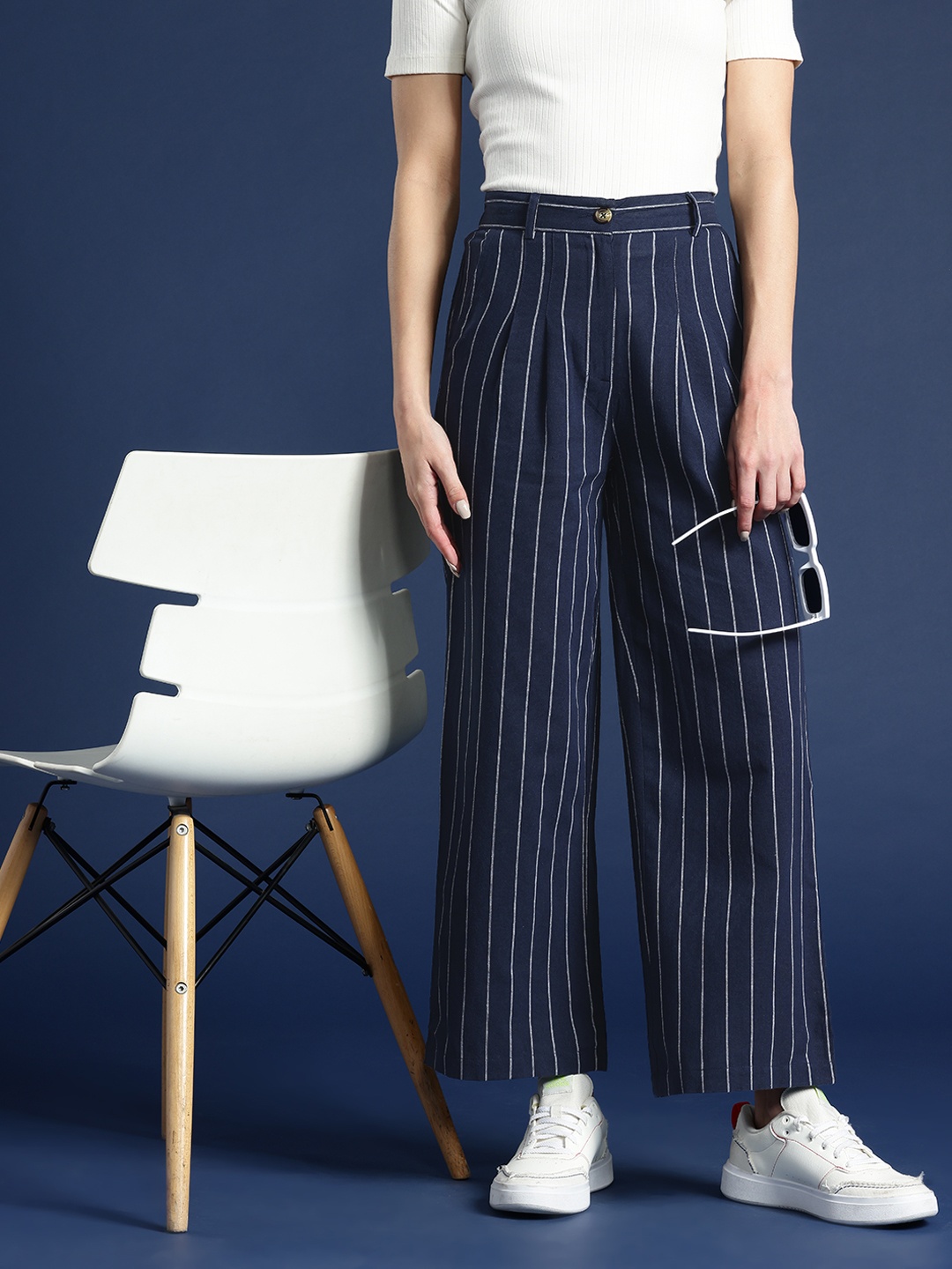 

Mast & Harbour Women Cotton Striped Trousers, Navy blue