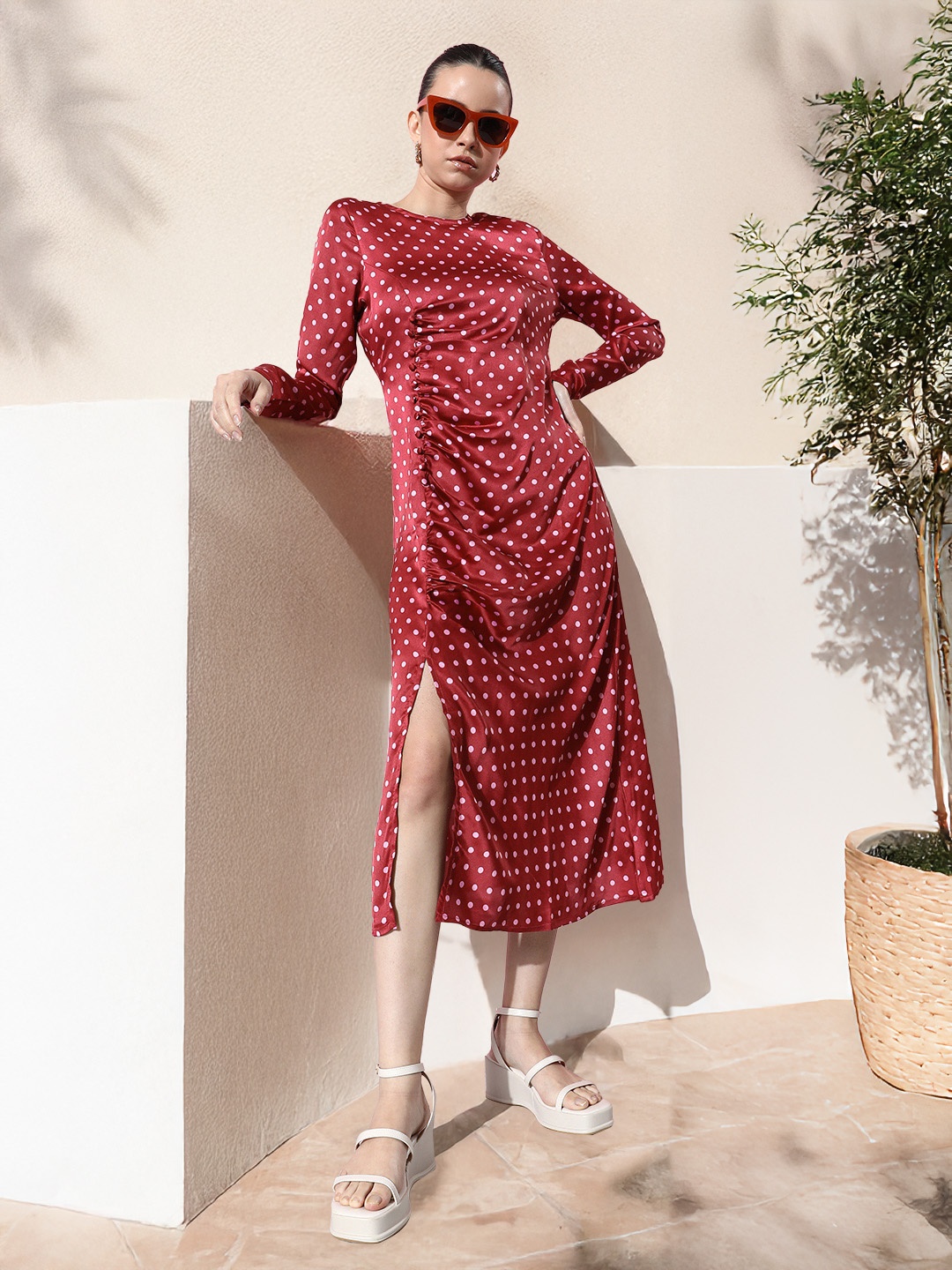 

Mast & Harbour Satin Ruched Polka Dot Print A-Line Midi Dress, Maroon