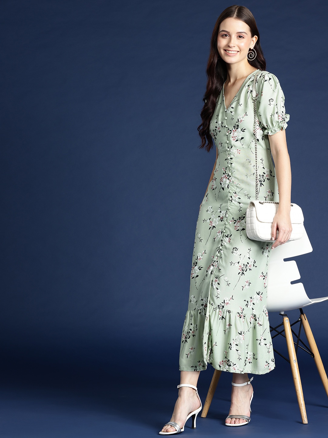 

Mast & Harbour Floral Print Puff Sleeves A-Line Midi Dress, Green