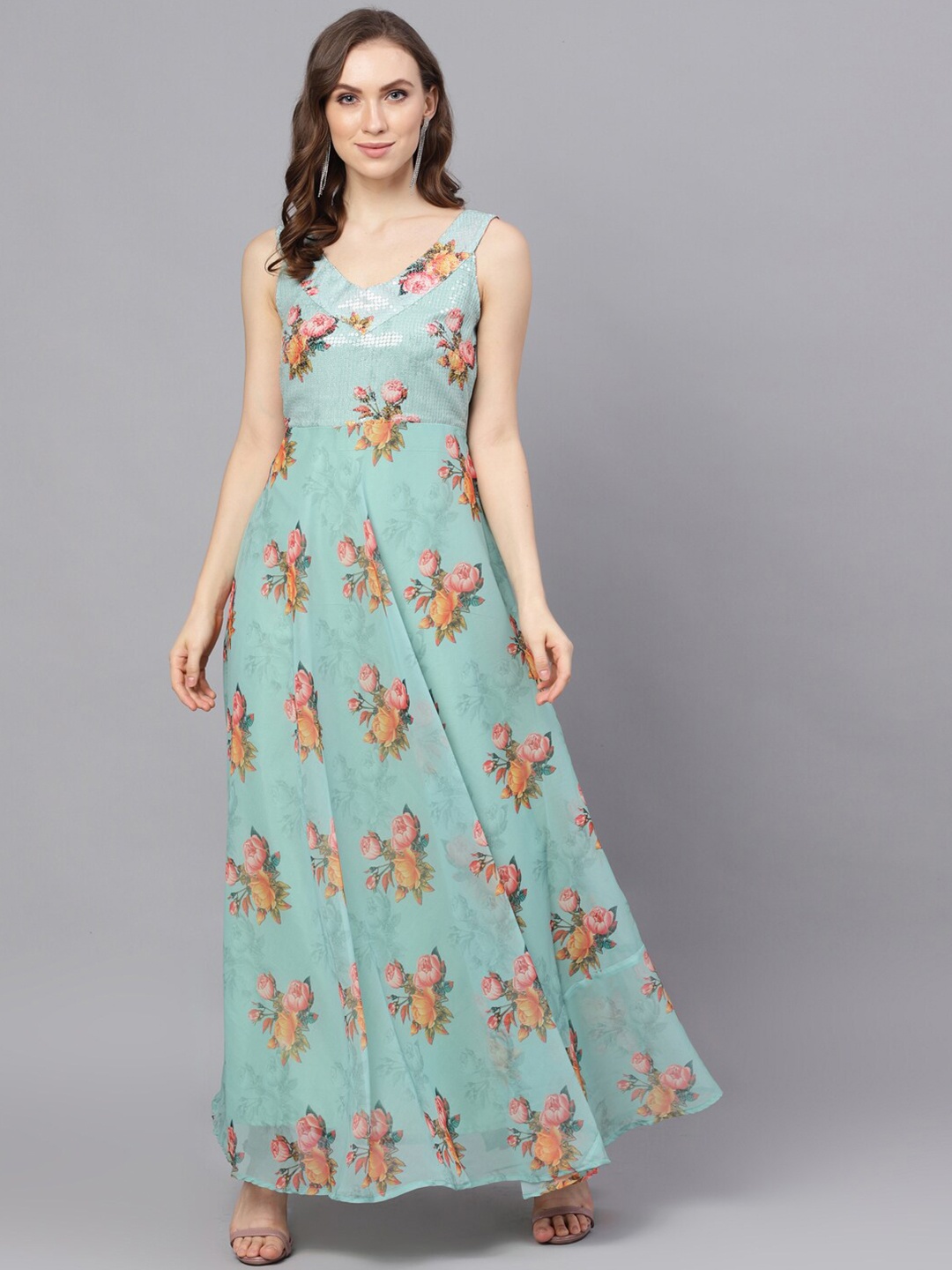 

AKS Couture Floral Printed Sequined Georgette Maxi Dress, Sea green