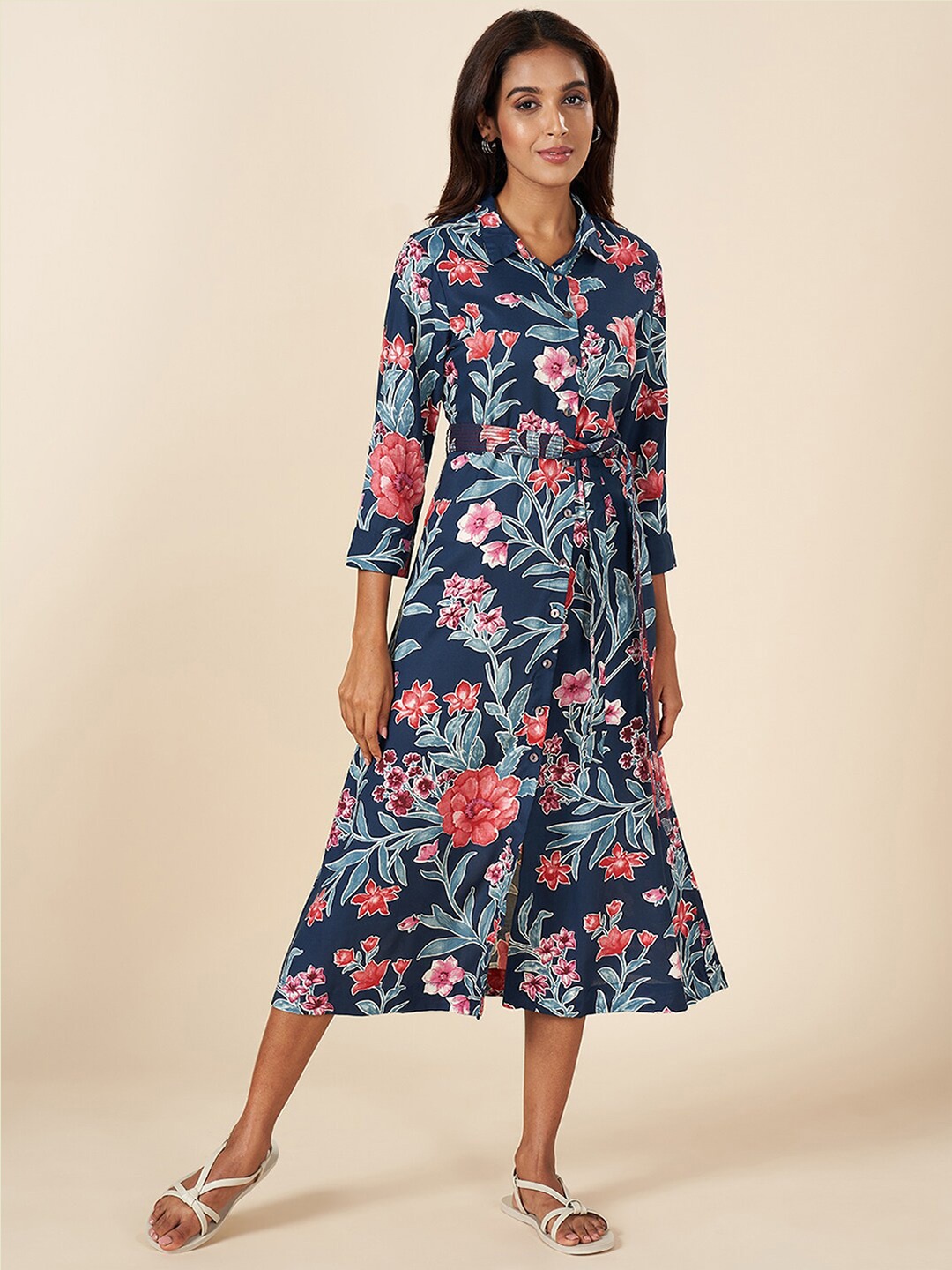 

AKKRITI BY PANTALOONS Floral Printed Shirt Midi Dress, Blue