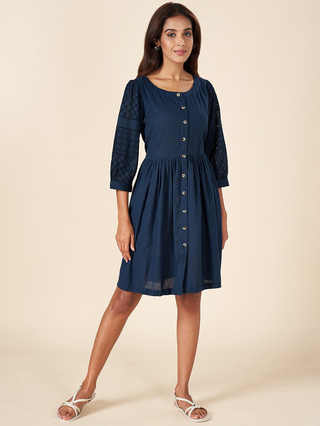 

AKKRITI BY PANTALOONS Puff Sleeves Cotton Fit & Flare Dress, Navy blue