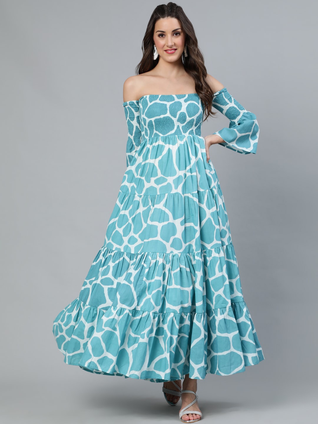 

AKS Blue Ethnic Motifs Print Off-Shoulder Puff Sleeve Maxi Dress