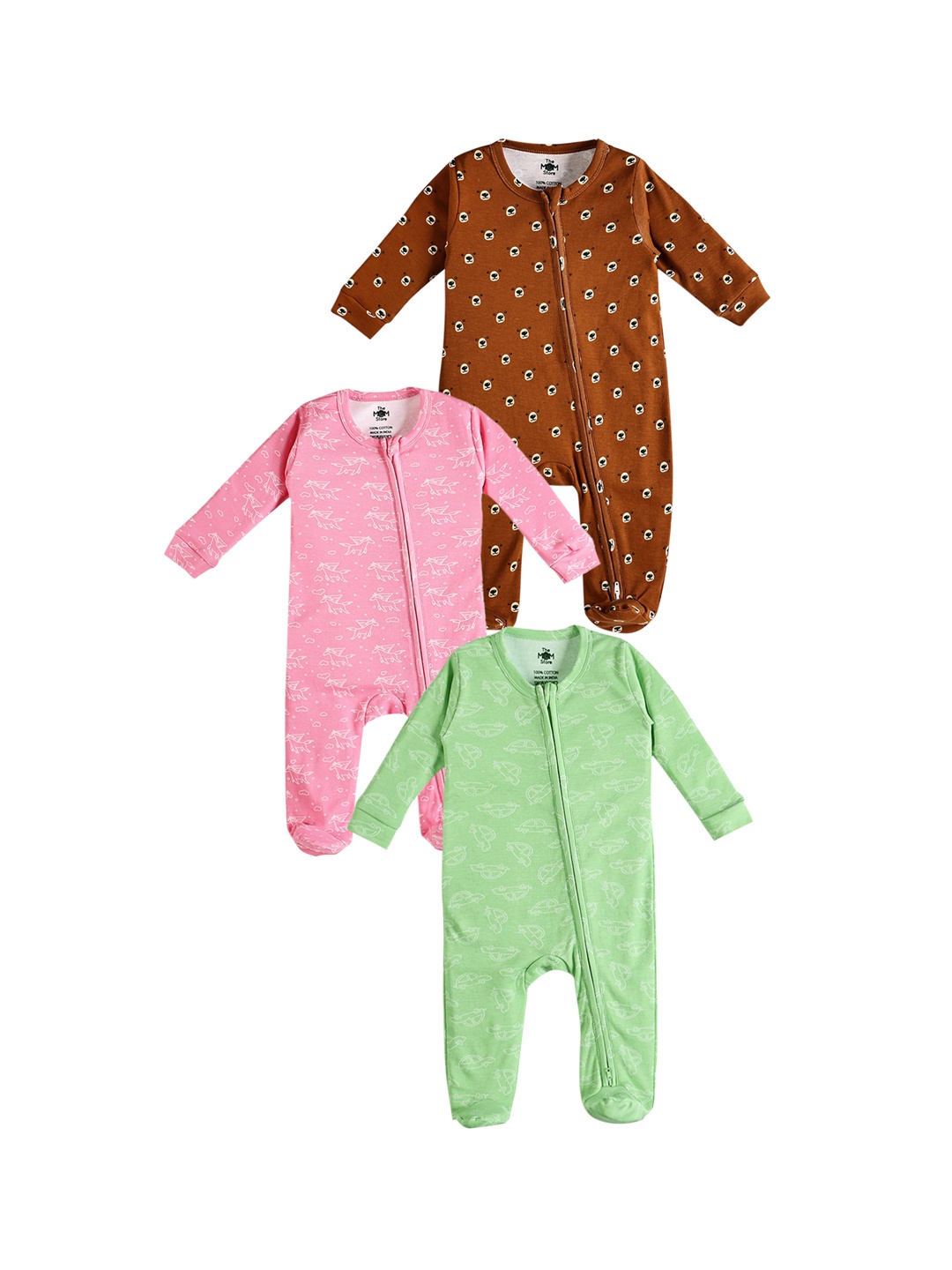 

The Mom Store Infants Pack Of 3 Printed Pure Cotton Sleepsuit, Pink