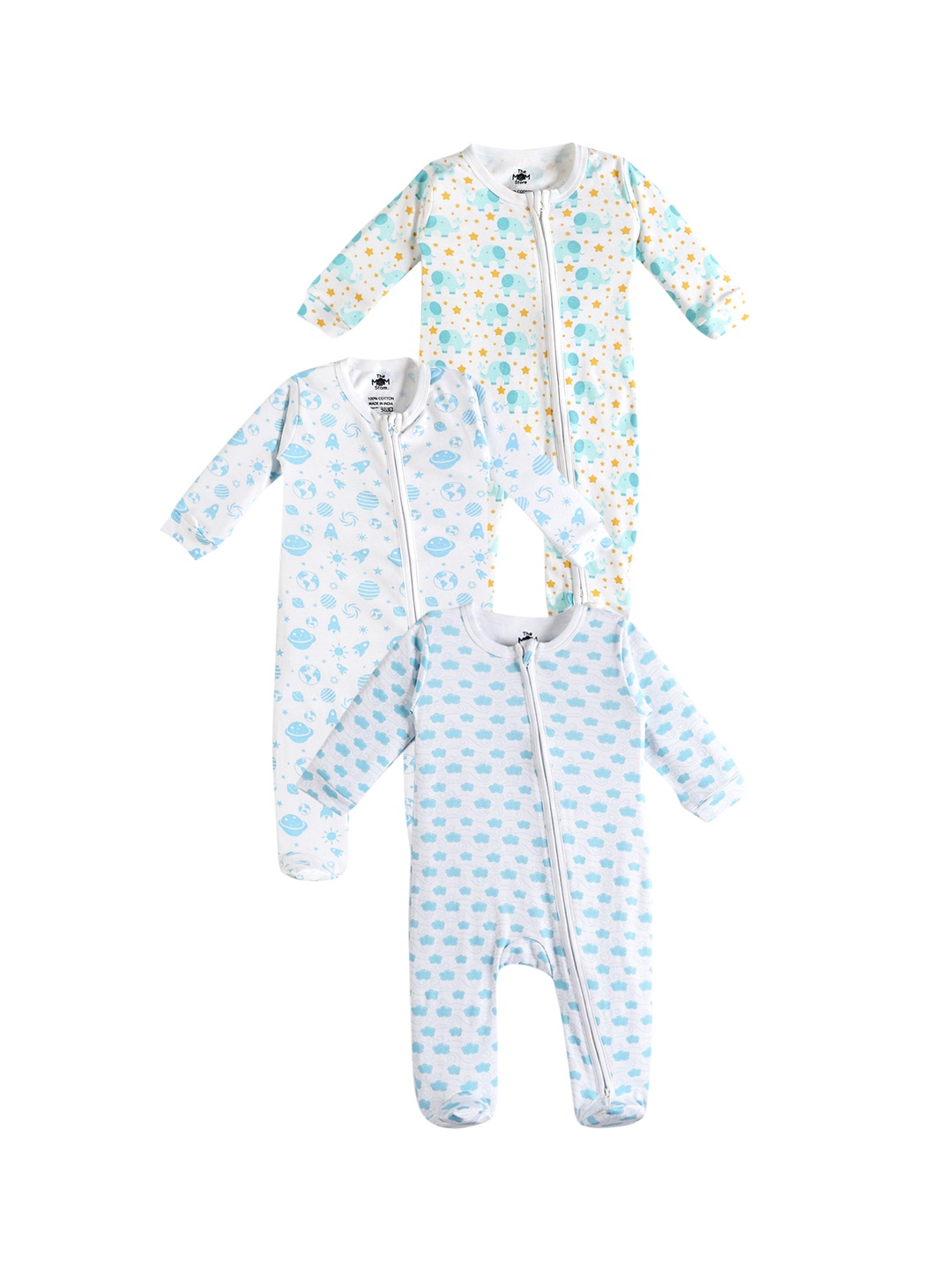 

The Mom Store Infant Baby Pack of 3 Printed Zipper Cotton Sleepsuits, Multi