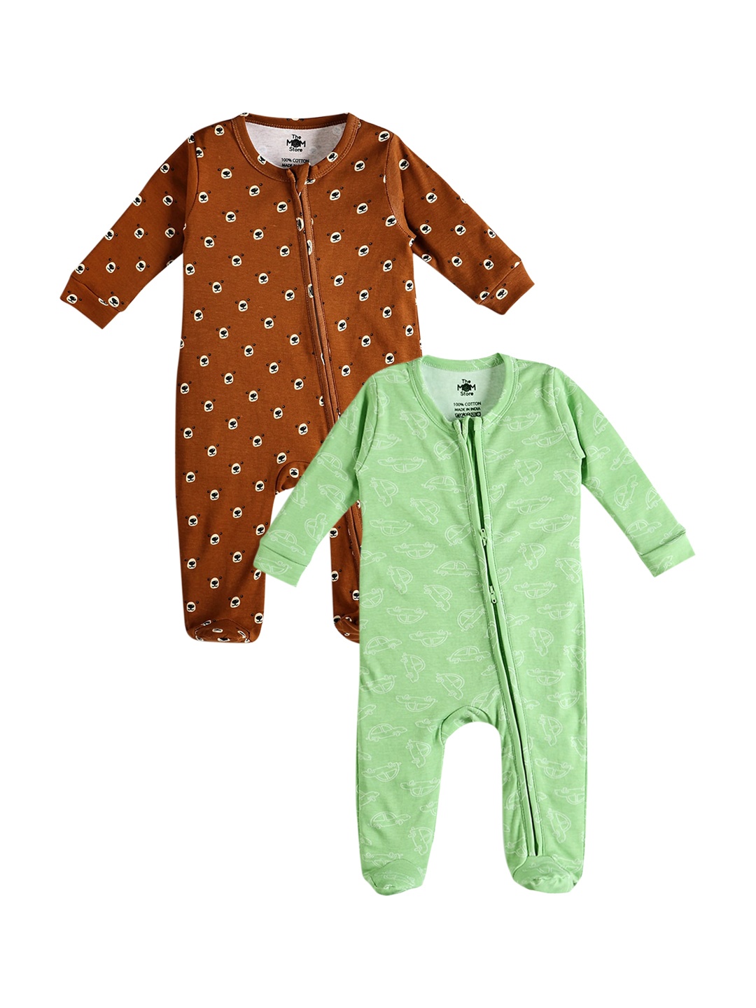 

The Mom Store Infants Pack Of 2 Printed Pure Cotton Rompers, Green