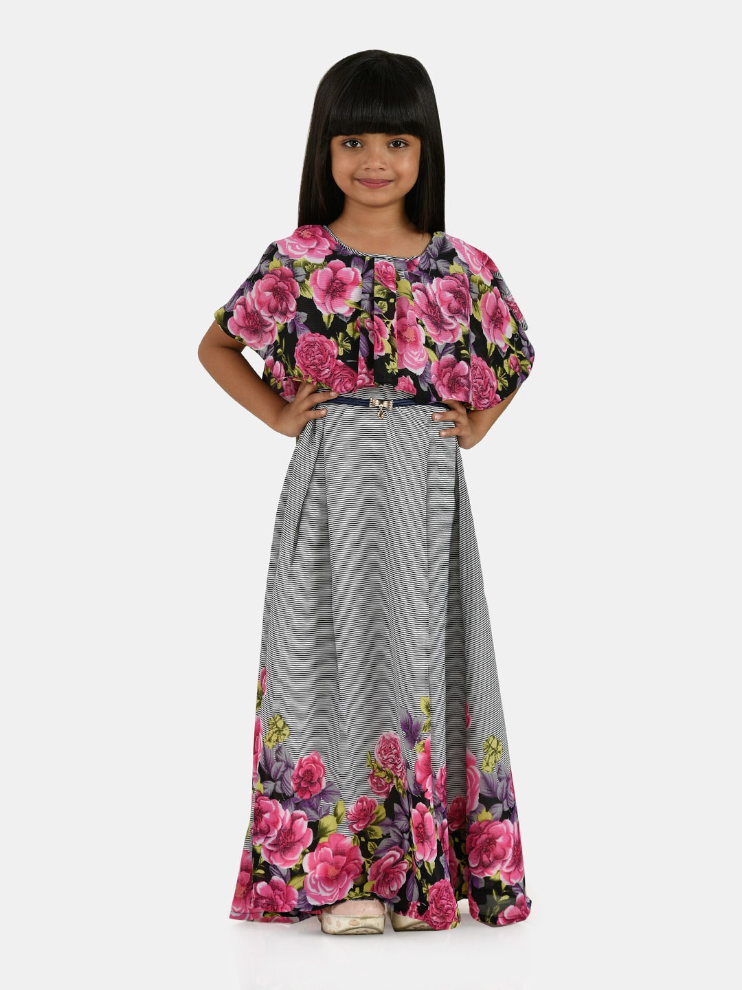 

Peppermint Girls Floral Printed Ruffles Cotton Fit & Flare Maxi Dress, Pink