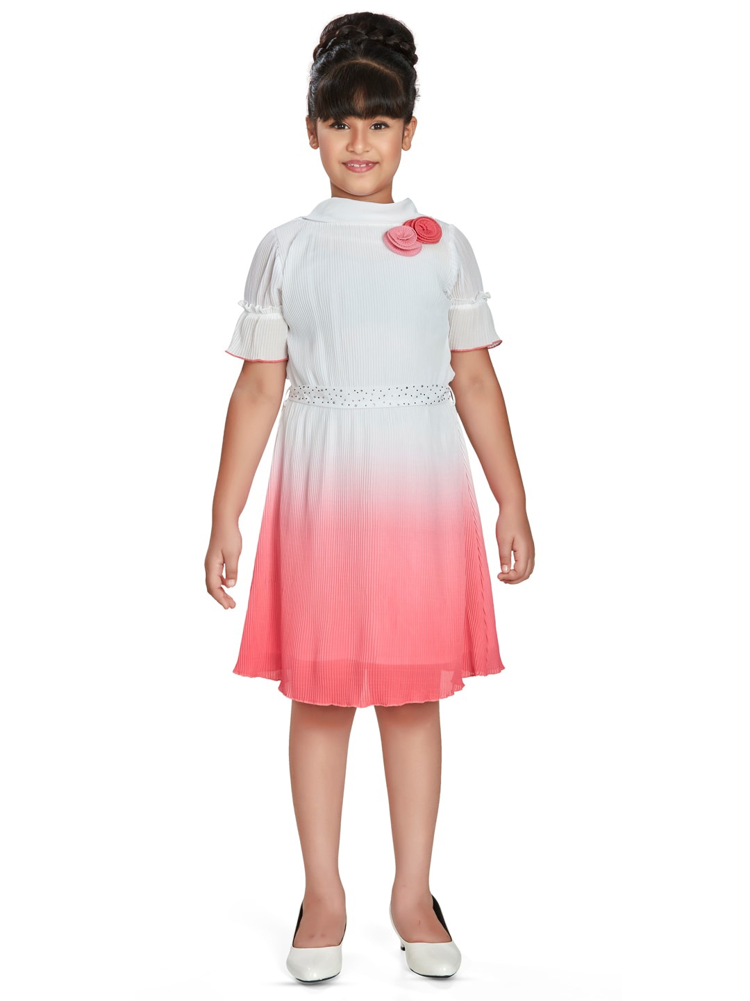 

Peppermint Girls Tie and Dyed High Neck Puffed Sleeves Fit & Flare Dress, Peach