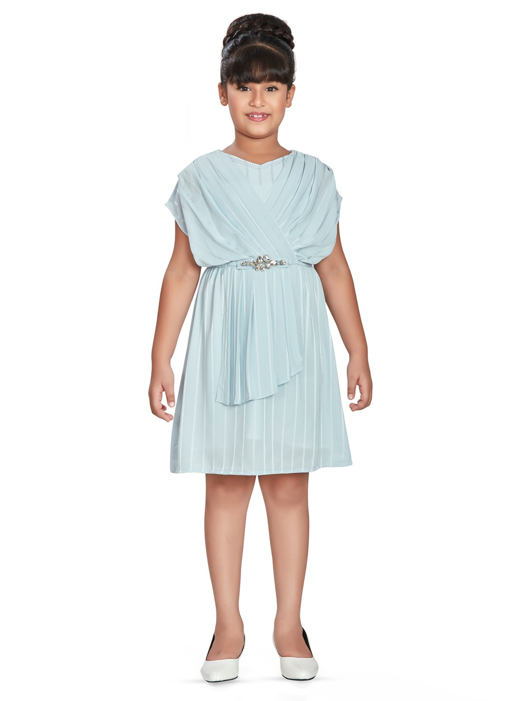 

Peppermint Girls Striped Extended Sleeves Crepe Fit & Flare Dress, Blue