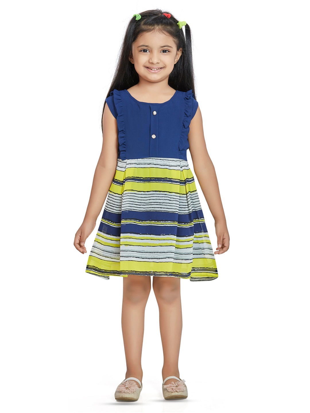 

Peppermint Striped Chiffon Ruffled Fit & Flare Dress, Yellow