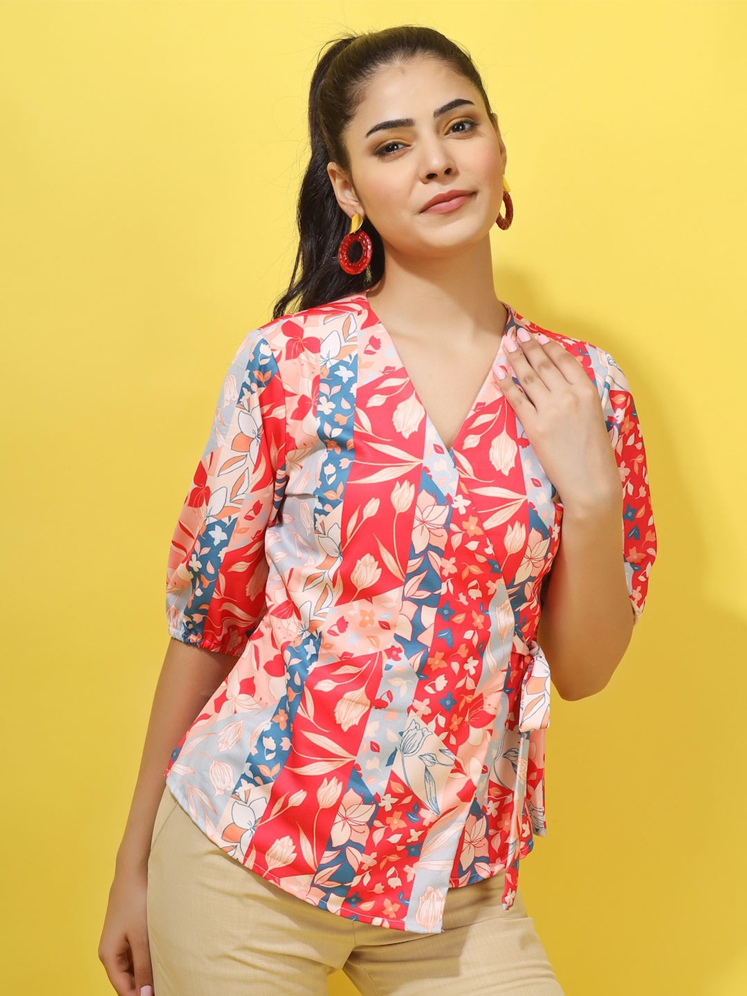 

angloindu Floral Printed Puffed Sleeves Wrap Top, Coral