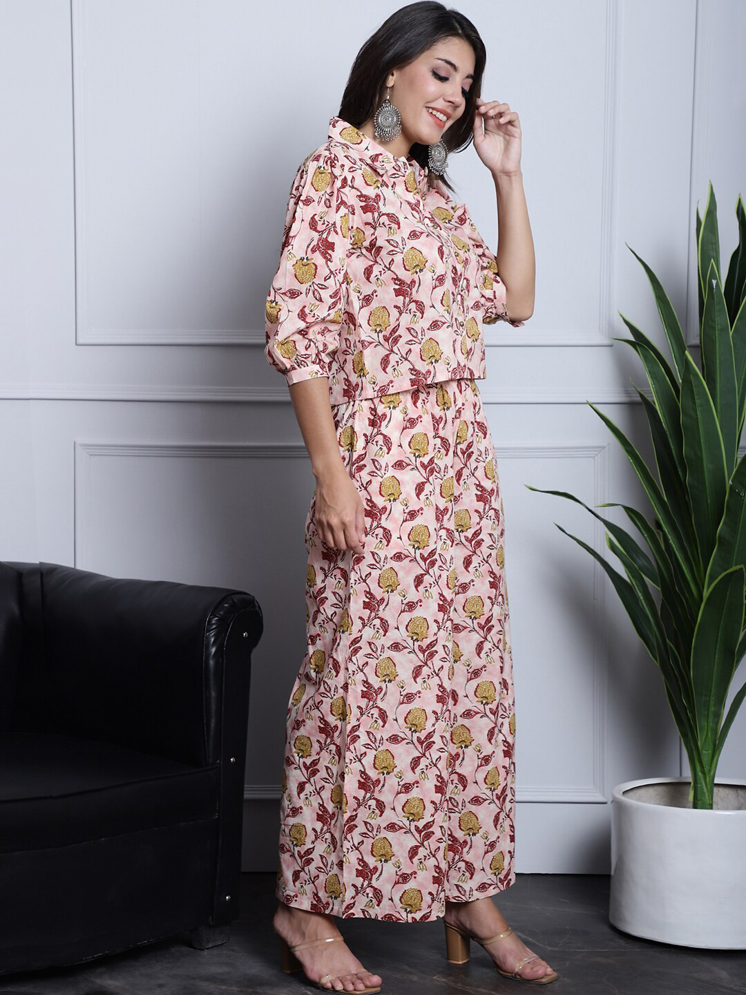 

Claura Floral Printed Pure Cotton Top With Trousers, Pink