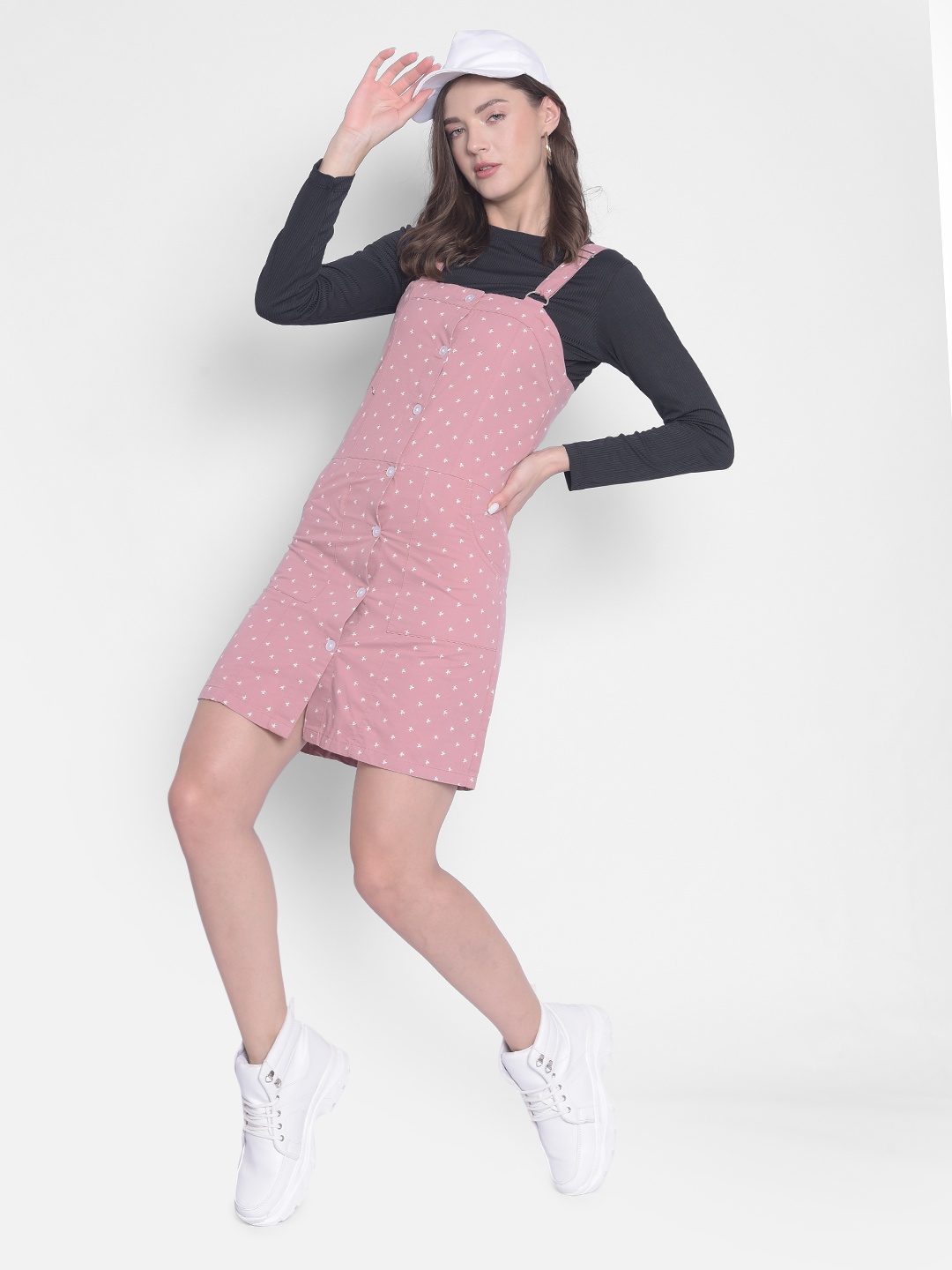 

Crimsoune Club Polka Dot Printed Pure Cotton Pinafore Dress, Pink