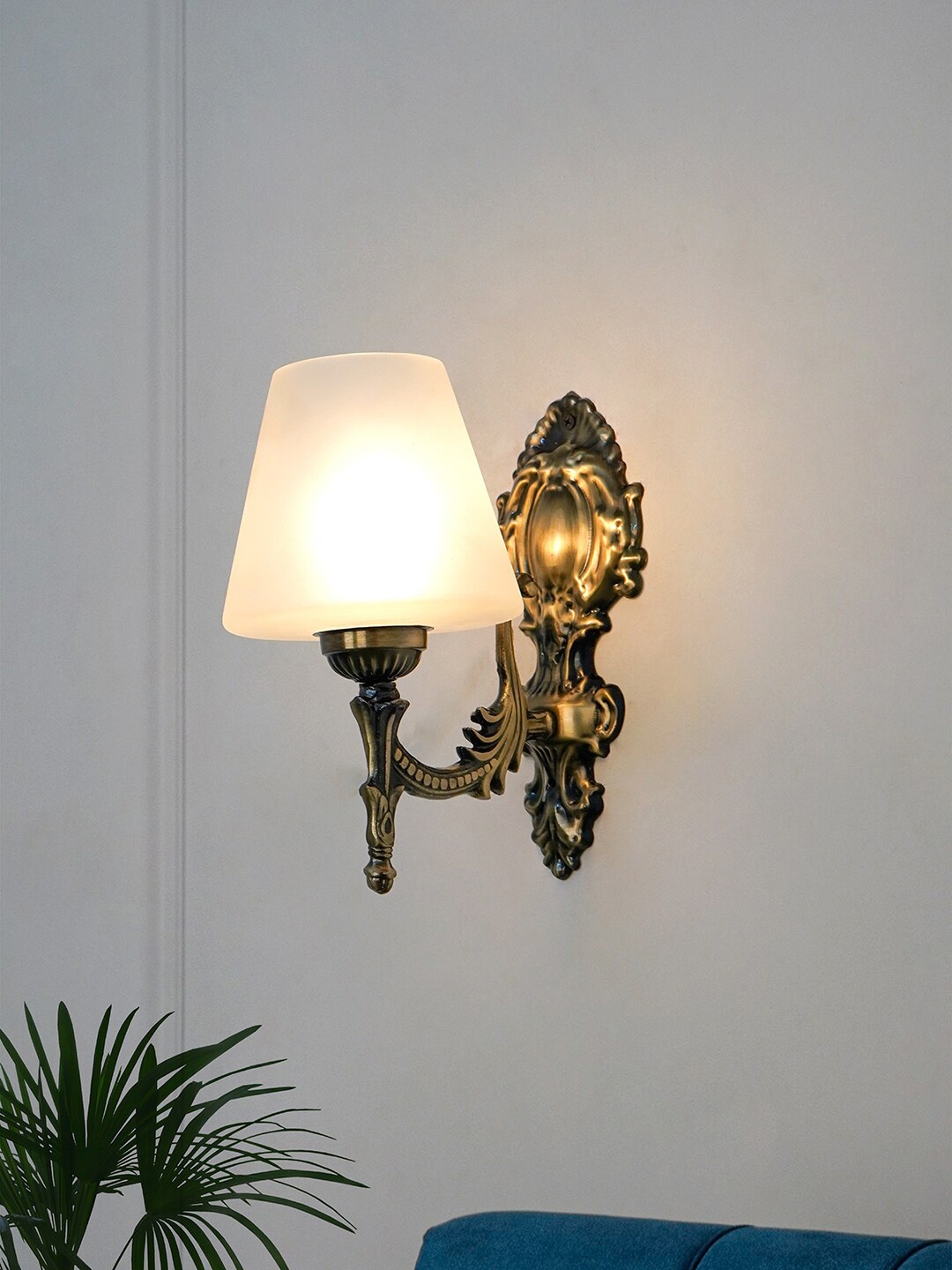 

Fos Lighting White Single Light Steel Wall Lamp with Tapered Frosted Glass Shade, Gold