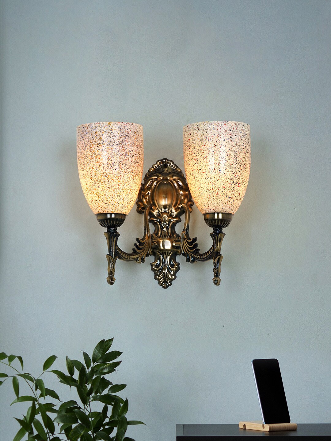 

Fos Lighting 2-Light Steel Wall Lamp with Bell Glass Shades, Gold