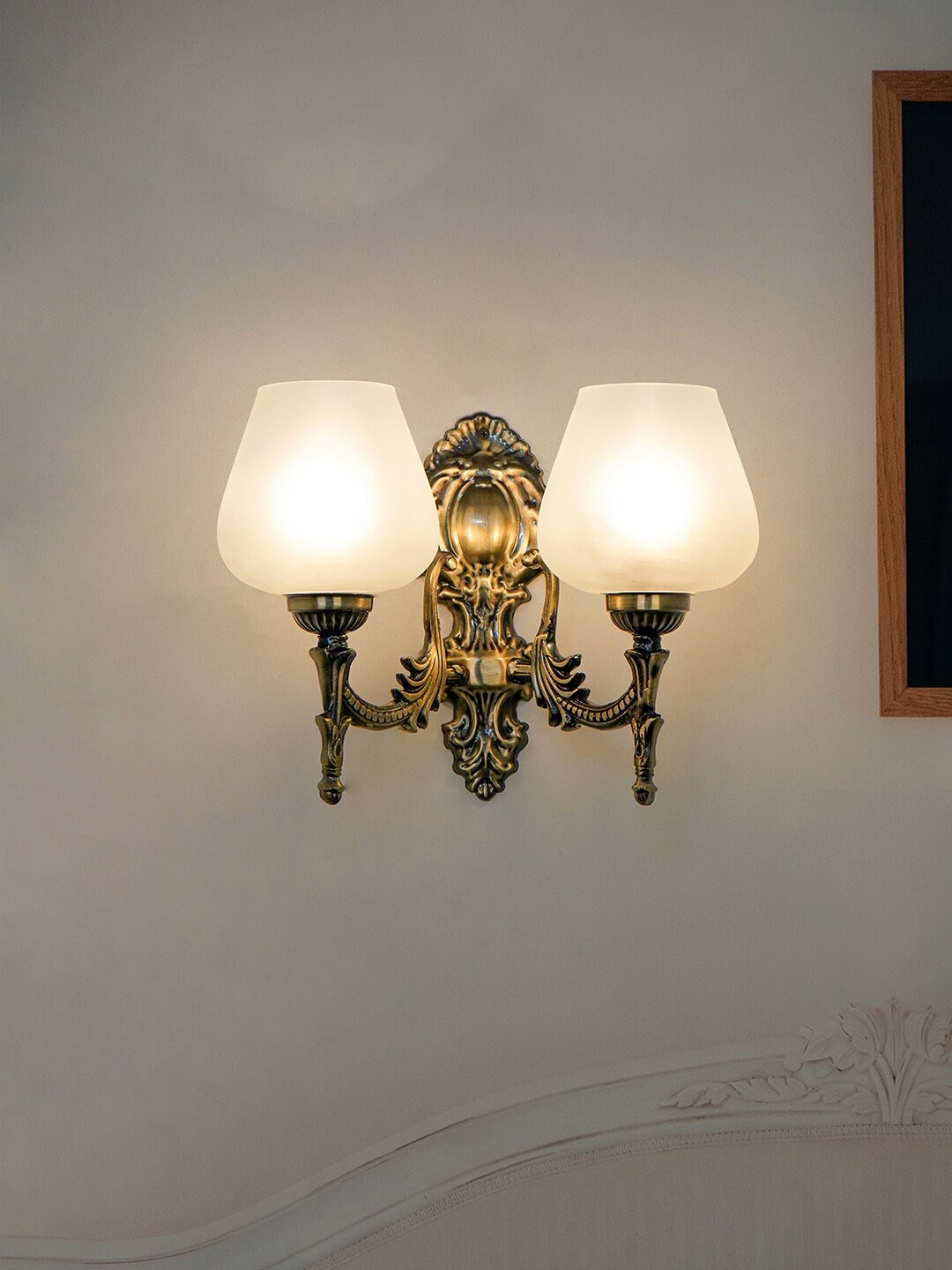 

Fos Lighting White 2-Light Steel Wall Lamp with Plain Frosted Goblet Glass Shades, Gold