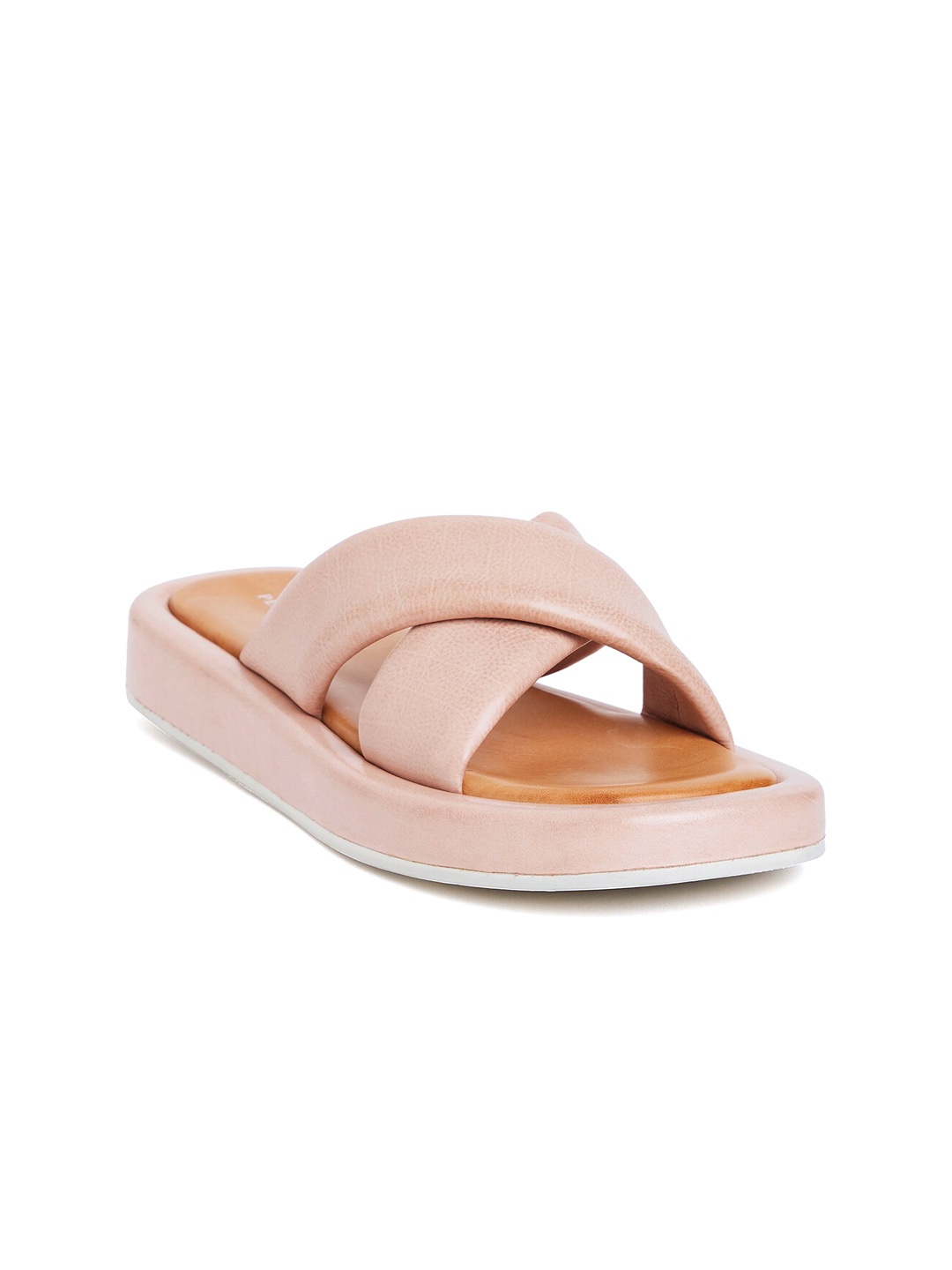 

Peach Flores Leather Cross Strap Open Toe Flats, Nude