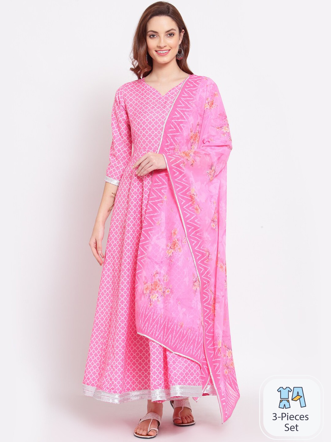 

KALINI Floral Printed Anarkali Cotton Silk Kurta, Pink