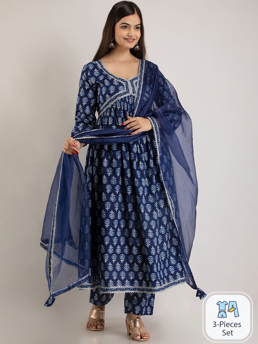 

Mizaz Floral Printed Empire Gotta Patti Kurta With Trousers & Dupatta, Blue