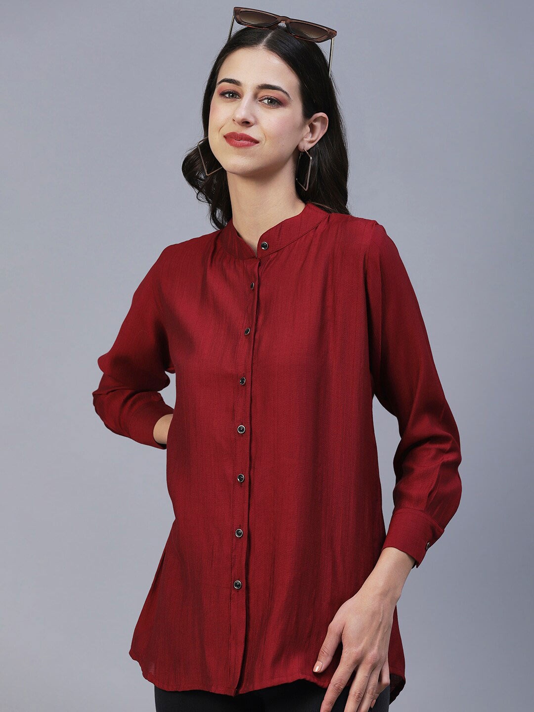 

KALINI Mandarin Collar Semiformal Shirt, Maroon