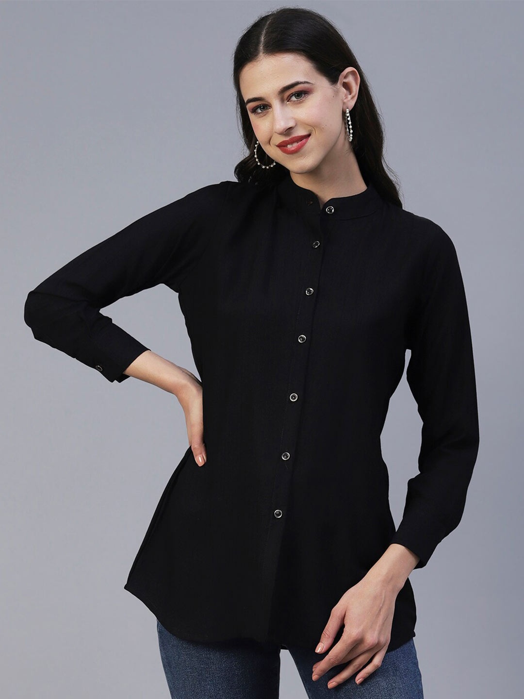 

KALINI Mandarin Collar Semiformal Shirt, Black