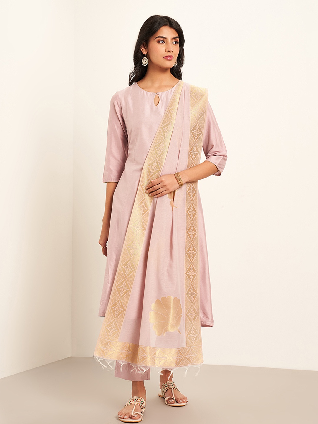 

RANGMANCH BY PANTALOONS Zari Anarkali Kurta With Trousers & Dupatta, Mauve