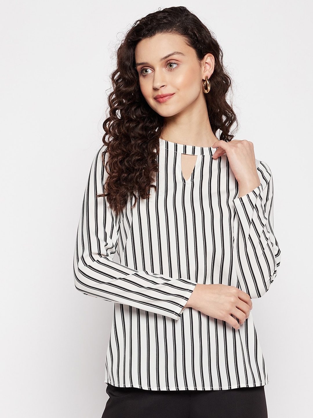 

STYLE BLUSH Striped Keyhole Neck Crepe Top, White