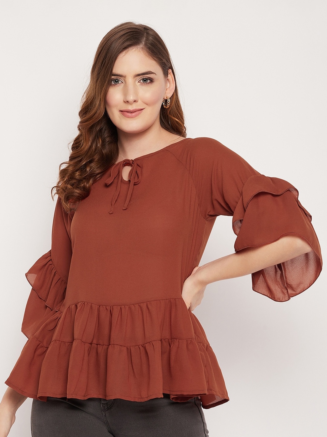 

STYLE BLUSH Tie-Up Neck Puff Sleeve Crepe A-Line Top, Rust