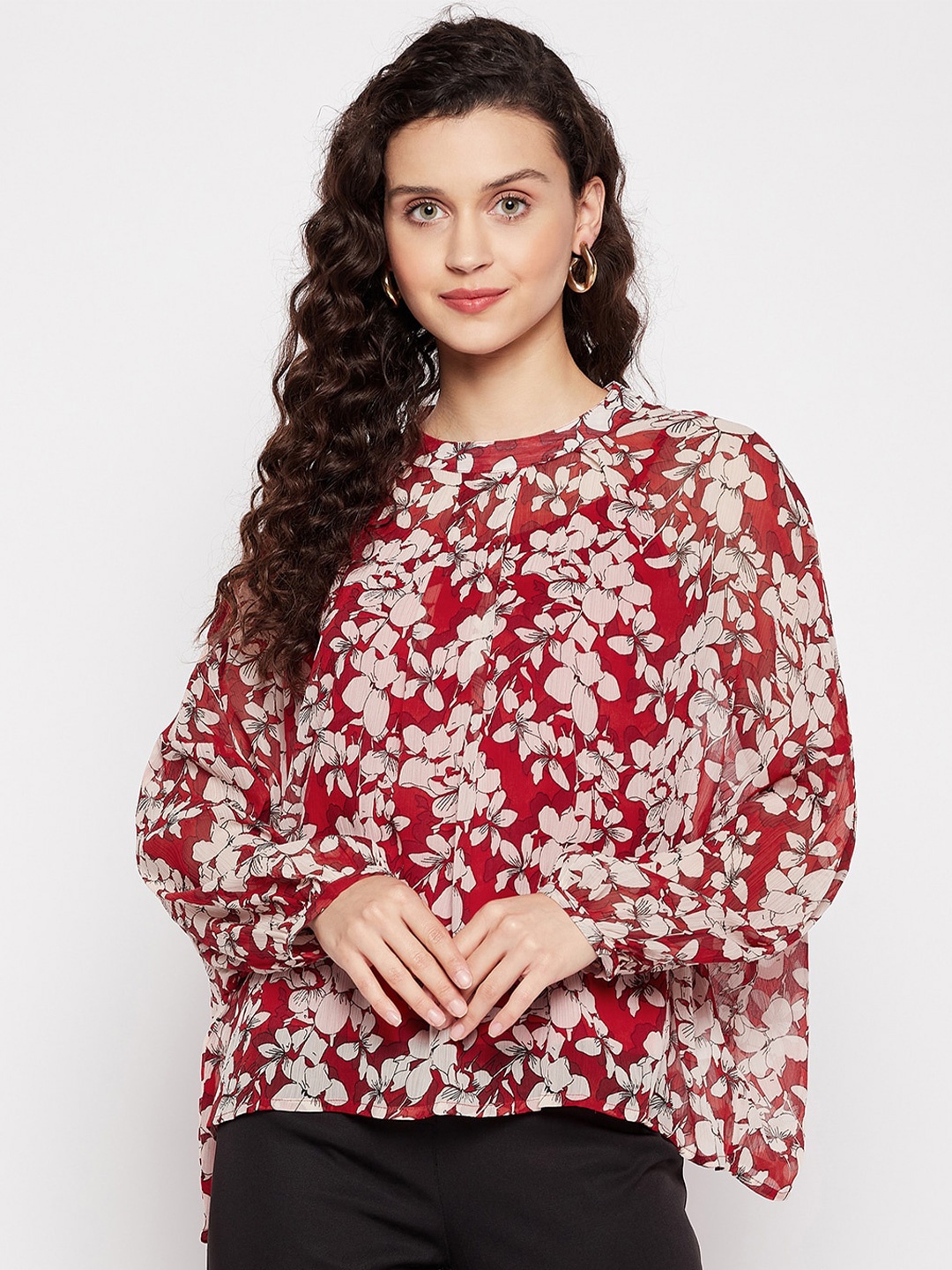 

STYLE BLUSH Floral Print Bell Sleeve Chiffon Top with Camisole, Red