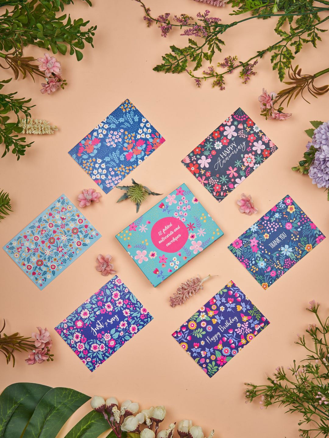 

Doodle Set Of 12 Blank Notecards With Floral Printed Envelopes, Blue