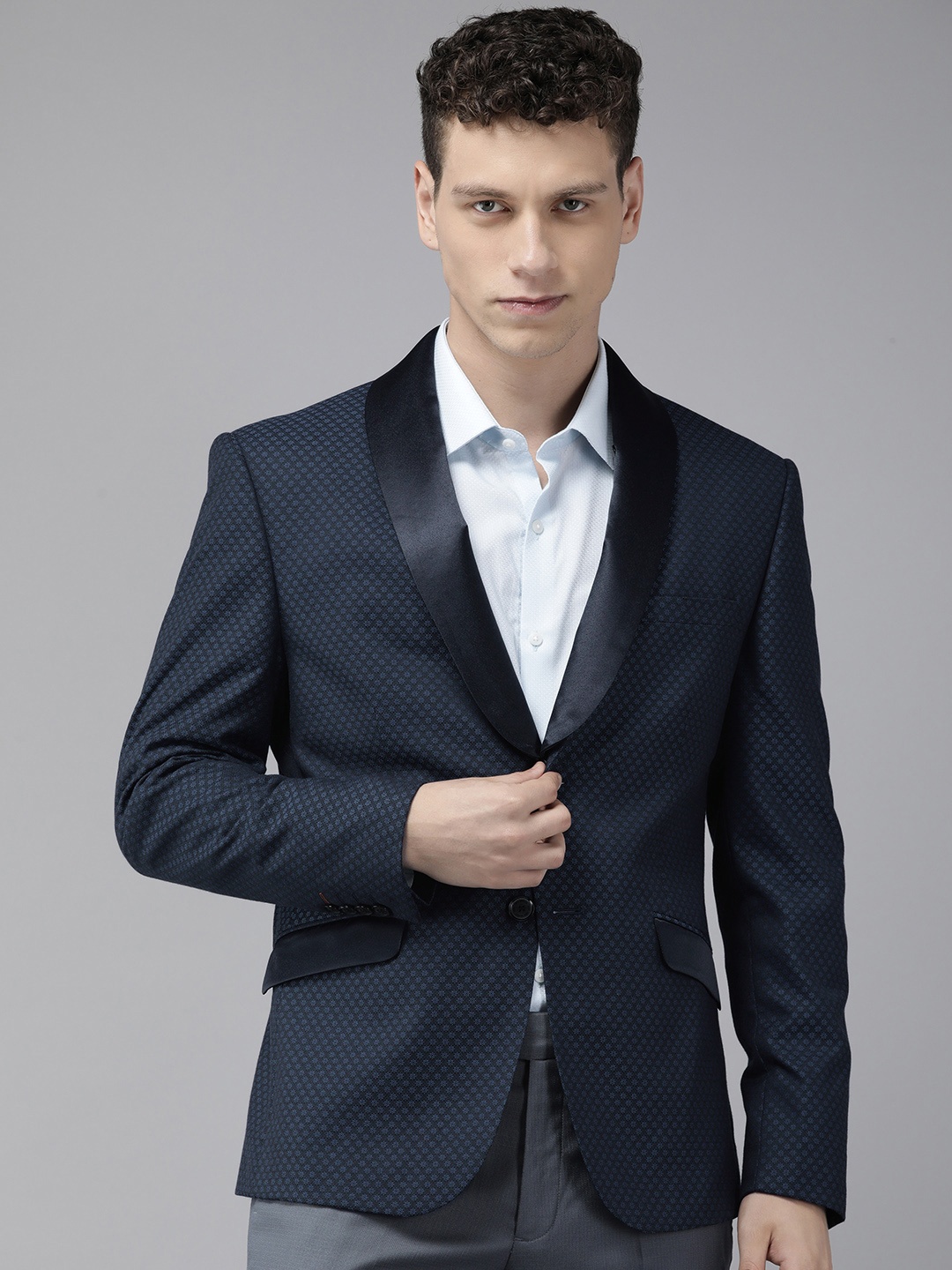 

V Dot Self Design Textured Skinny Fit Single-Breasted Formal Blazer, Navy blue