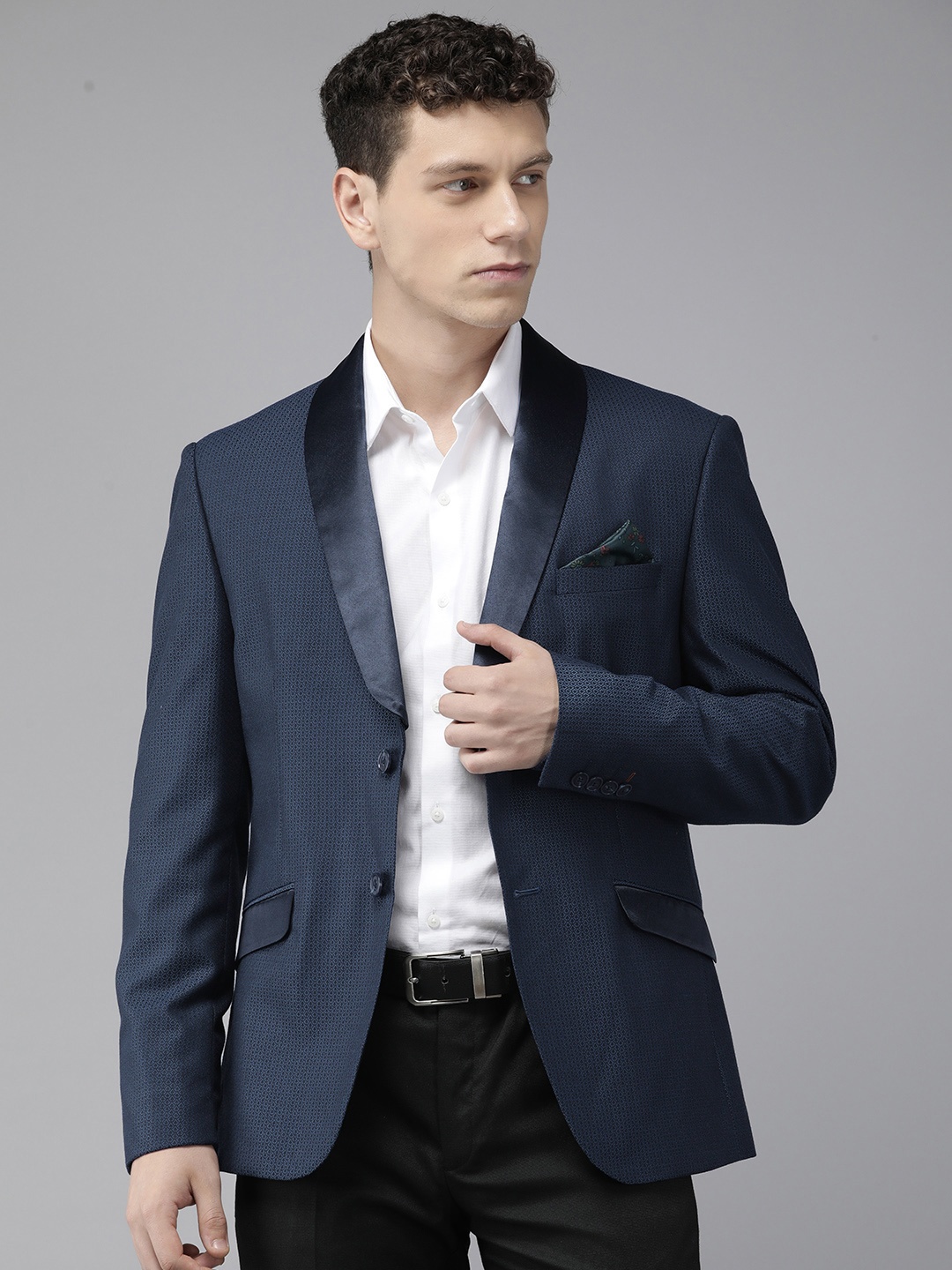 

V Dot Self Design Skinny Fit Detachable Shawl Collar Single-Breasted Formal Blazers, Teal