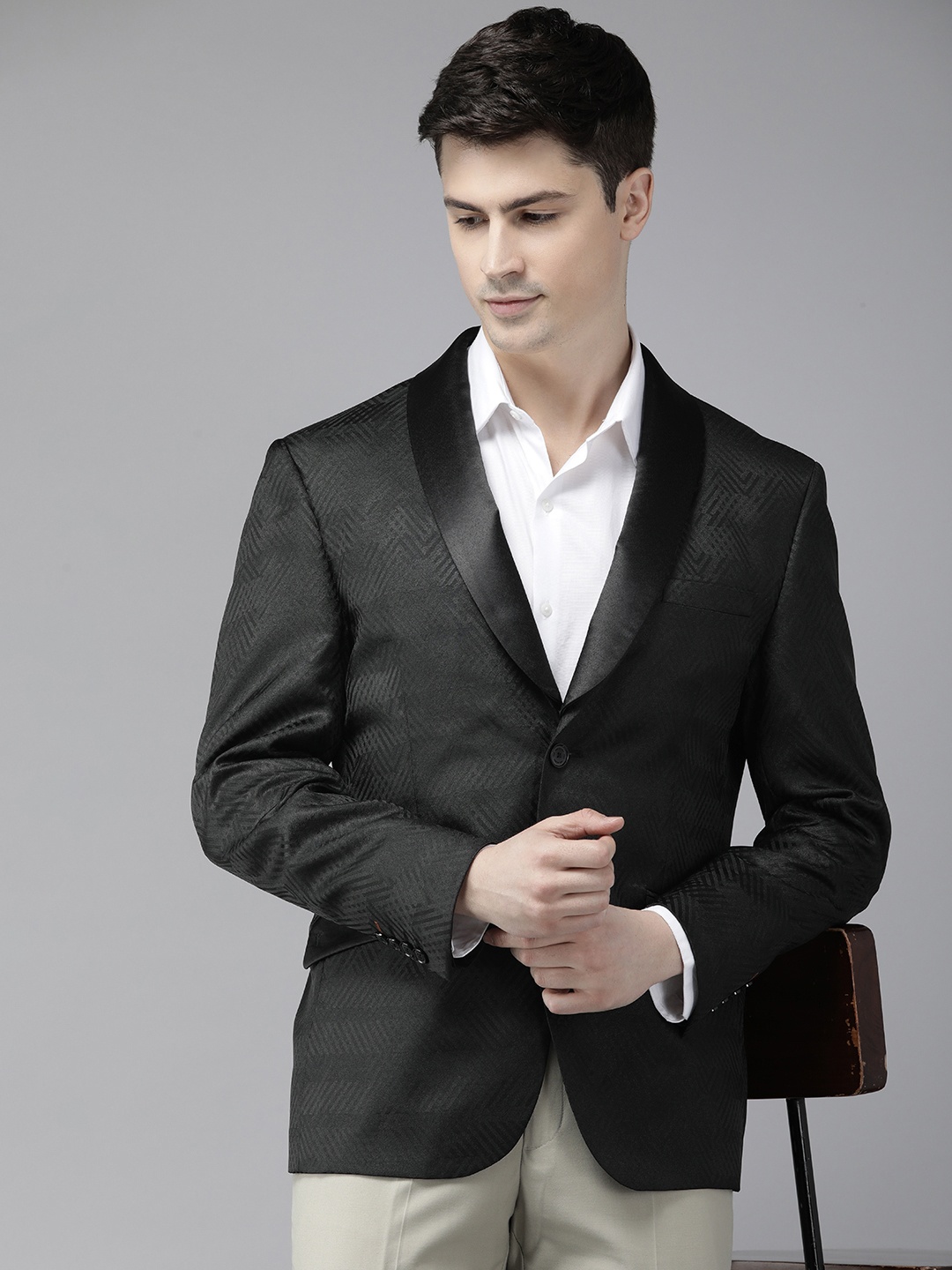 

V Dot Self Design Textured Skinny-Fit Single Breasted Formal Blazer, Black
