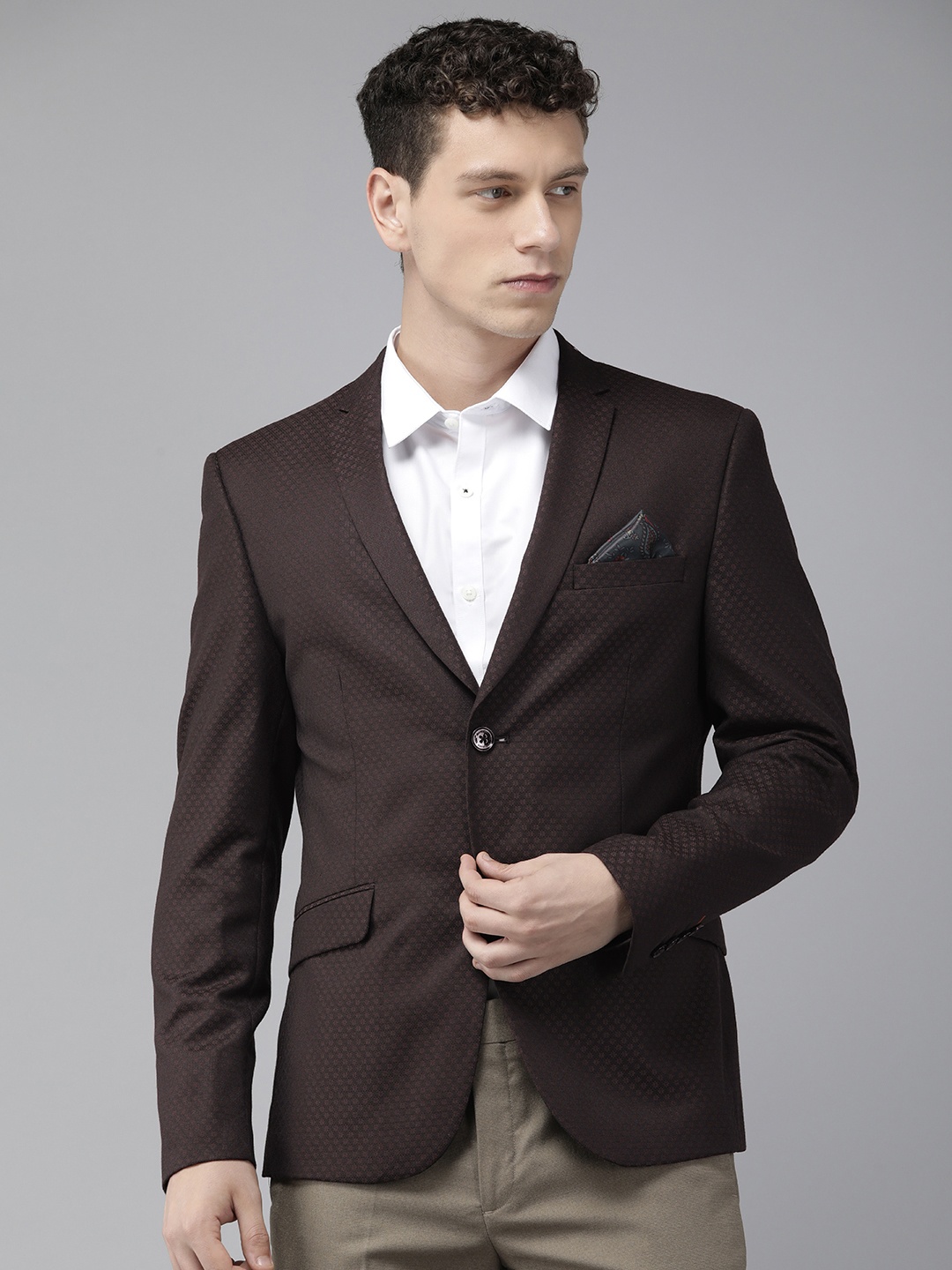 

V Dot Self Design Skinny Fit Single-Breasted Formal Blazers, Brown