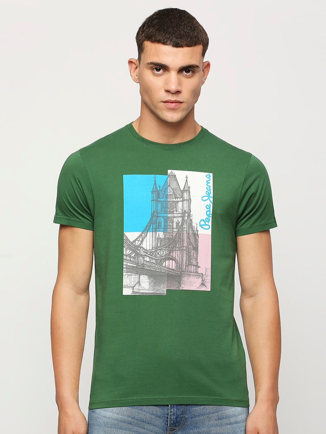 

Pepe Jeans Graphic Printed Slim Fit Pure Cotton T-shirt, Green