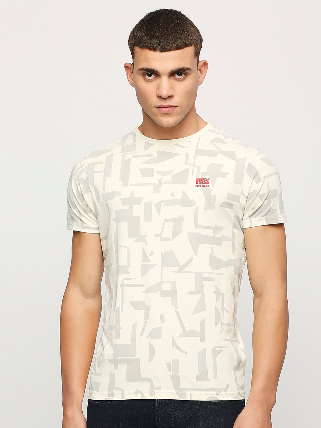 

Pepe Jeans Abstract Printed Slim Fit Pure Cotton T-shirt, Off white