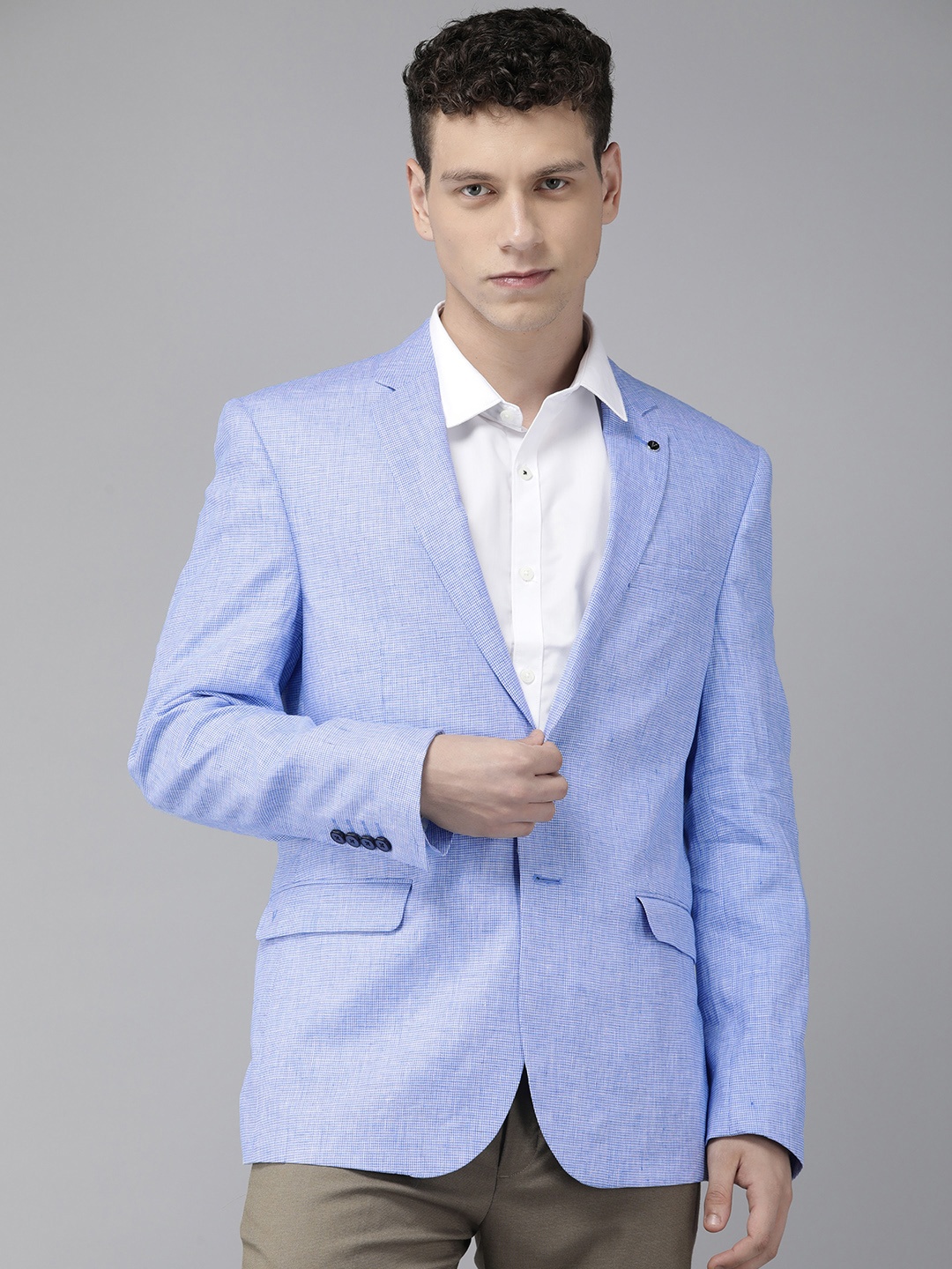 

Van Heusen Slim Fit Self-Design Tooth-Hound Micro Checked Pure Linen Formal Blazer, Blue