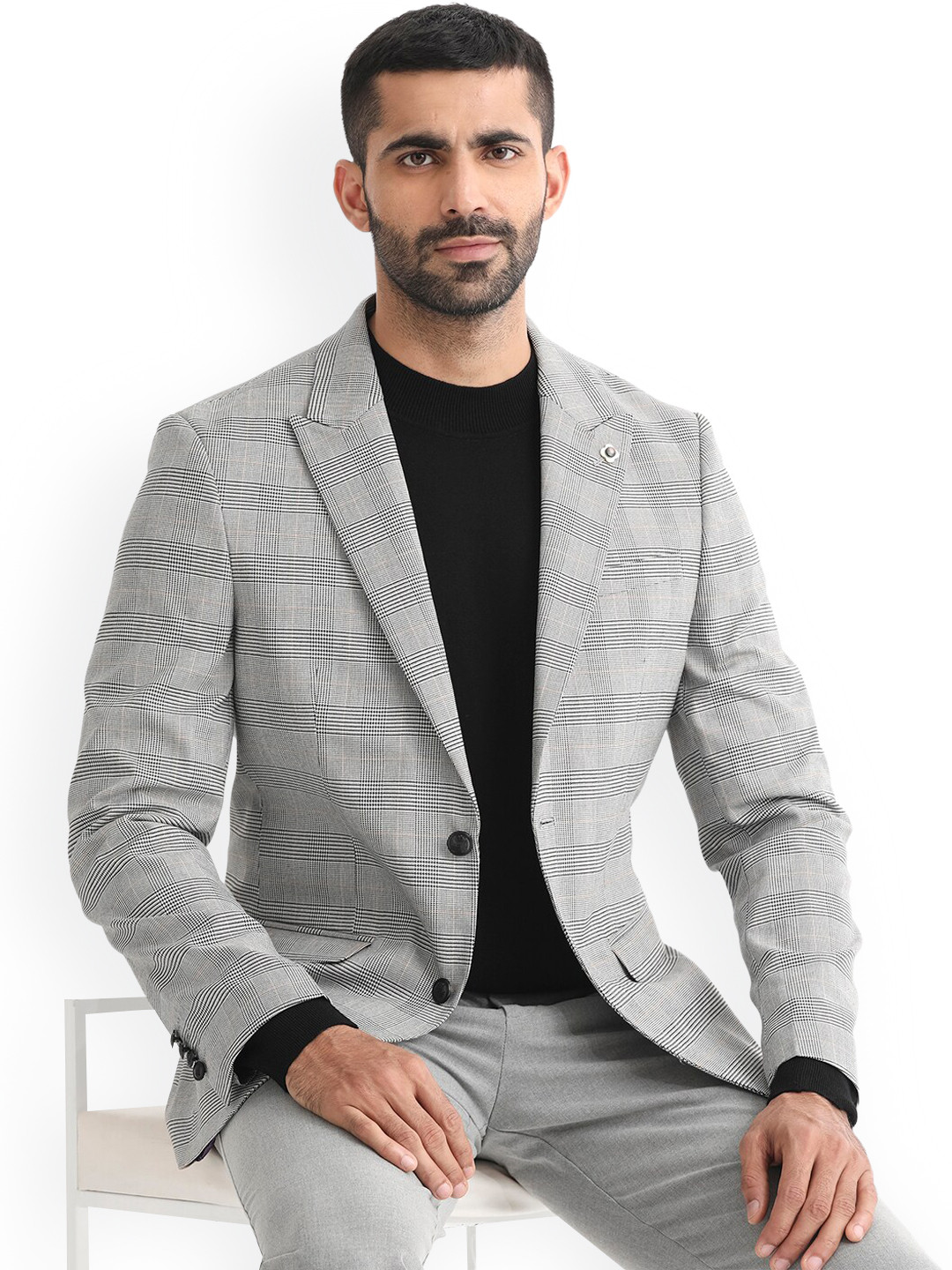 

RARE RABBIT Men Bostic Tailored Fit Checked Single-Breasted Blazer, Grey