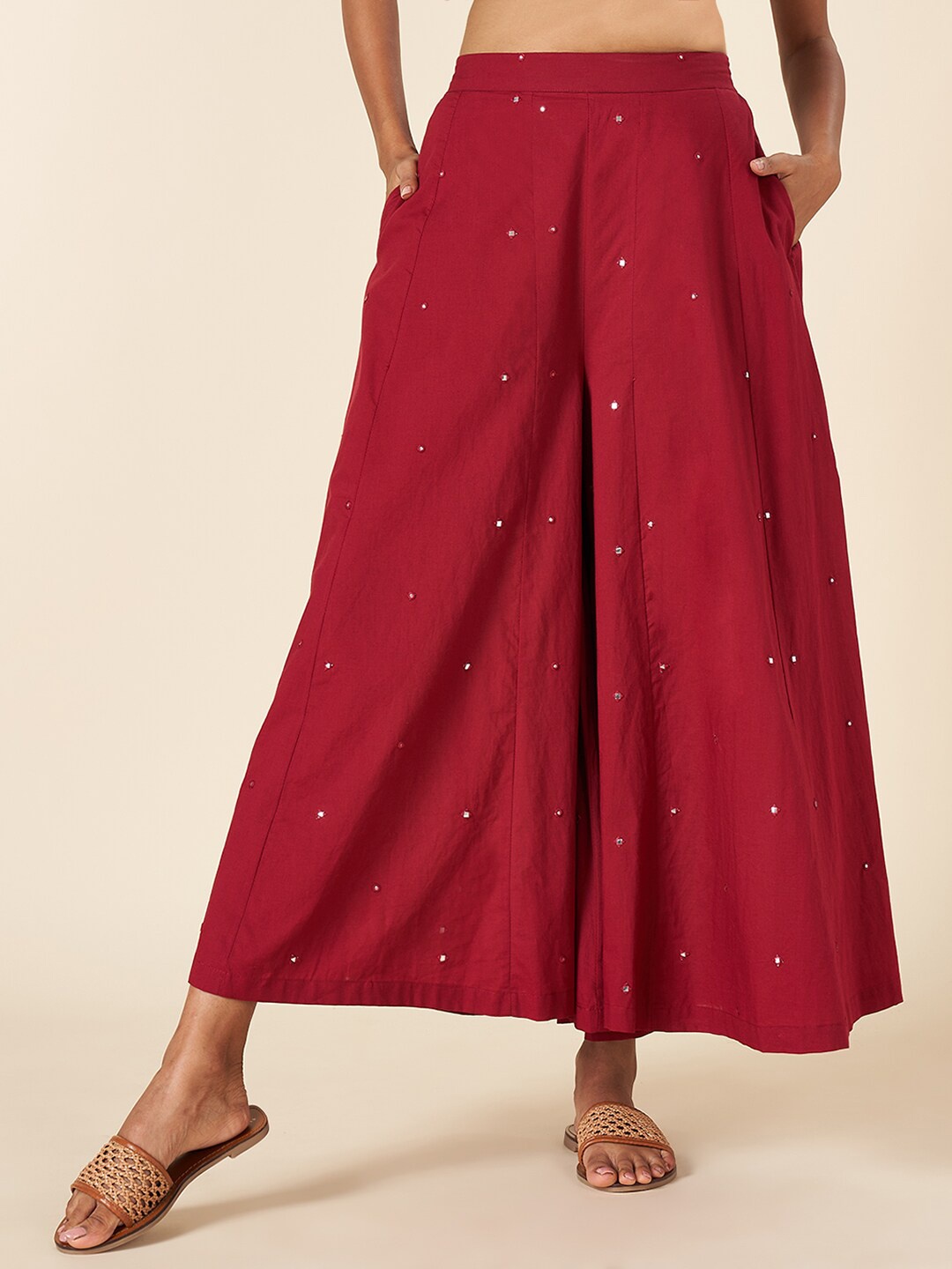 

AKKRITI BY PANTALOONS Women Embroidered Flared Cotton Palazzos, Maroon