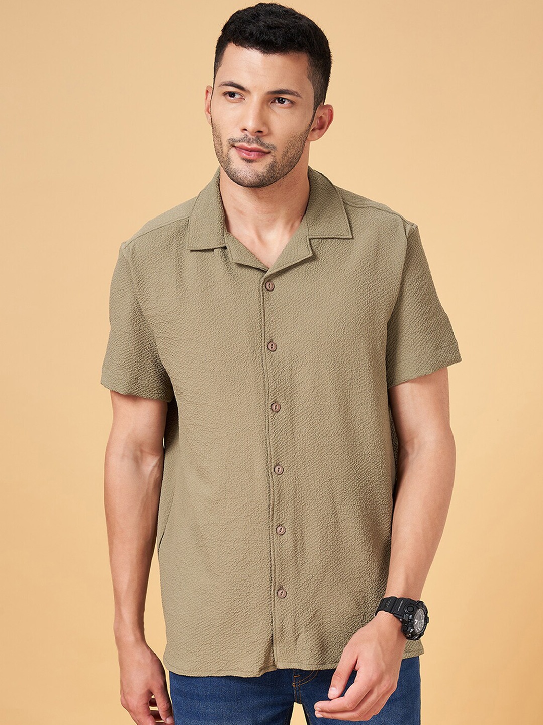 

People Slim Fit Self Design Opaque Casual Shirt, Olive